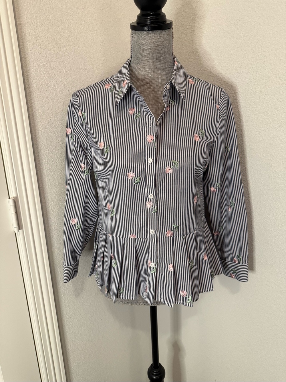 English Factory Navy and White Striped Button-Down with Pink Floral Embroidery